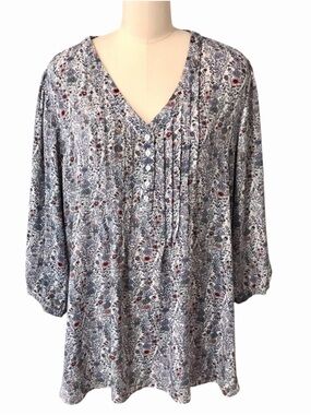 Rose Olive Top Womens Plus 1X Blue Floral Boho Pleats Popover Tunic Blouse Flowy